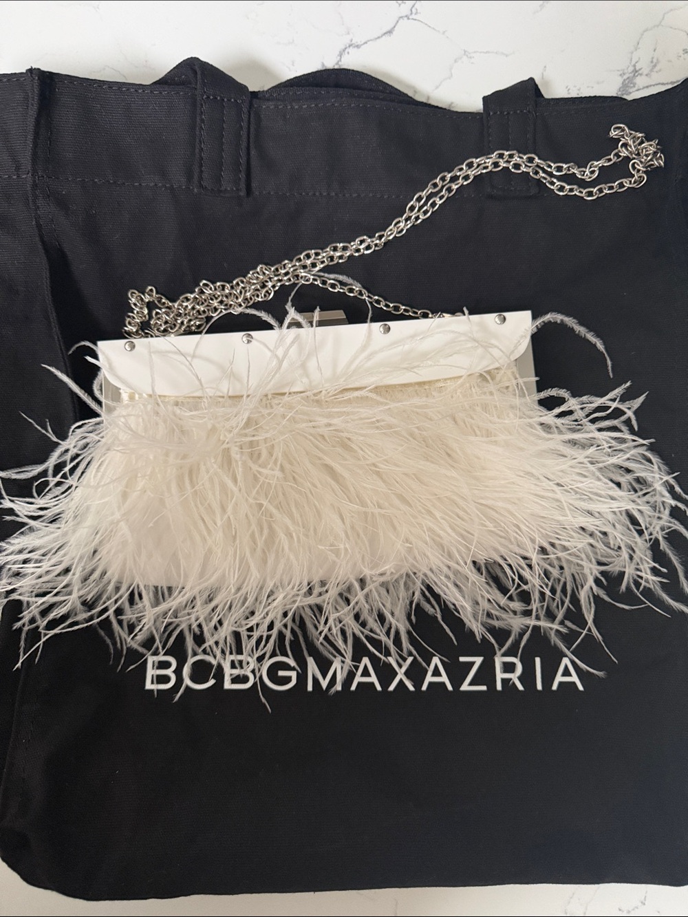 BCBGMaxAzria Ivory Ostrich Feather Detail Chain Clutch - Picture 2 of 6